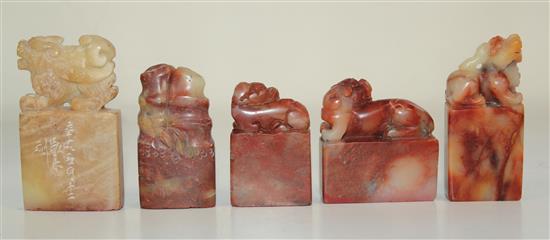 Five Chinese Shoushan stone seals, height 4.7 to 6.6cm